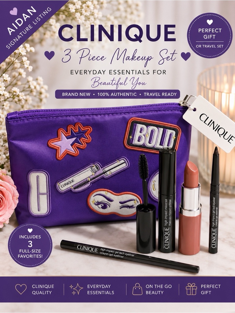 Clinique 4 Piece Set - Mascara, Eyeliner, Lipstick & Cosmetic Bag New - Picture 1 of 2